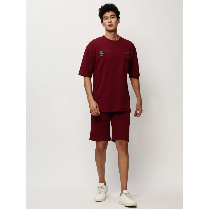 SHOWOFF Men Round Neck Maroon Solid Co-Ord (Set of 2) (S)