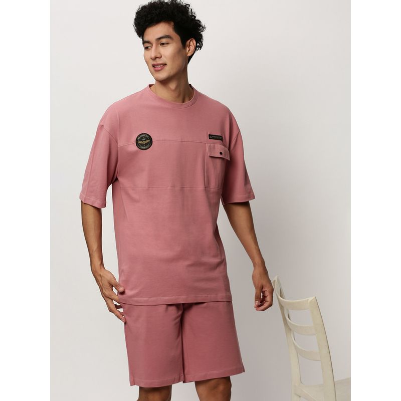 SHOWOFF Men Round Neck Pink Solid Co-Ord (Set of 2) (S)