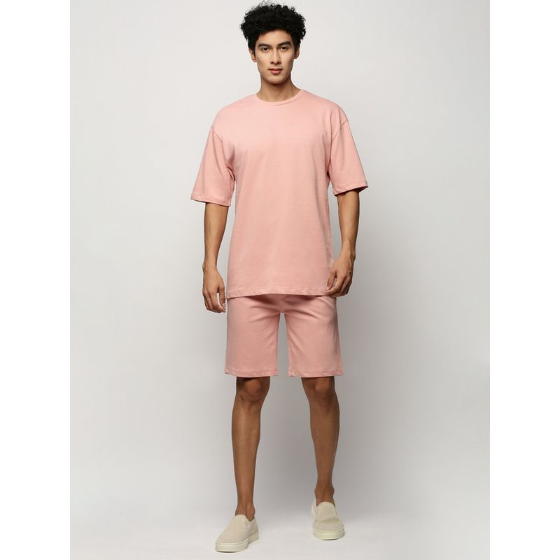 SHOWOFF Men Round Neck Pink Solid Co-Ord (Set of 2) (M)