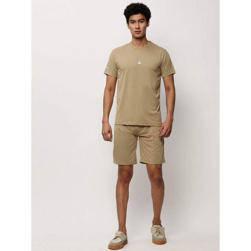 SHOWOFF Men Round Neck Khaki Self Design Co-Ord (Set of 2) (S)