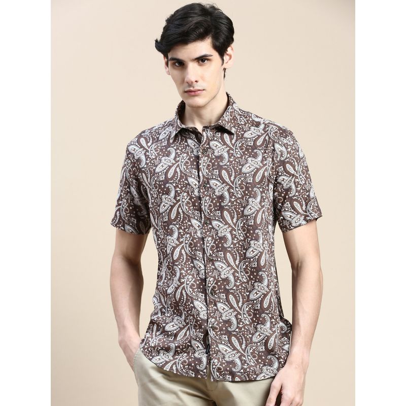SHOWOFF Men Short Sleeves Ethnic Motifs Spread Collar Coffee Brown Slim Fit Shirt (M)