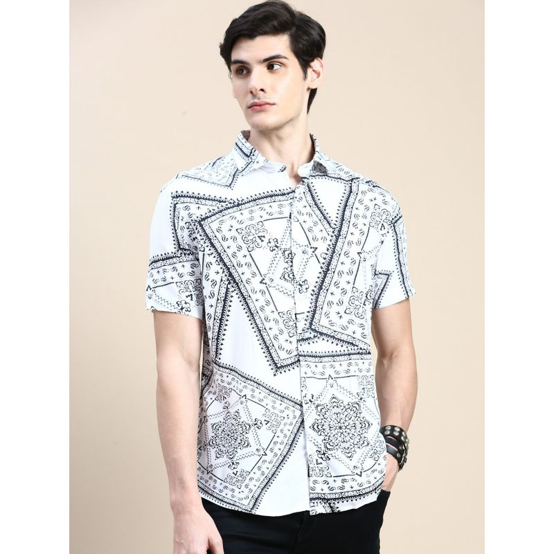 SHOWOFF Men Short Sleeves Ethnic Motifs Spread Collar White Slim Fit Shirt (M)