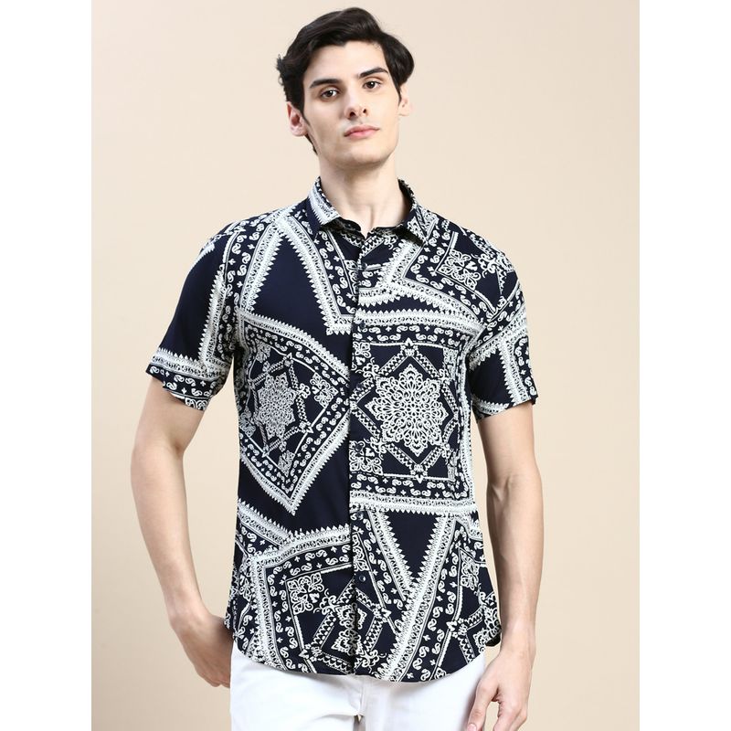 SHOWOFF Men Short Sleeves Ethnic Motifs Spread Collar Navy Blue Slim Fit Shirt (L)