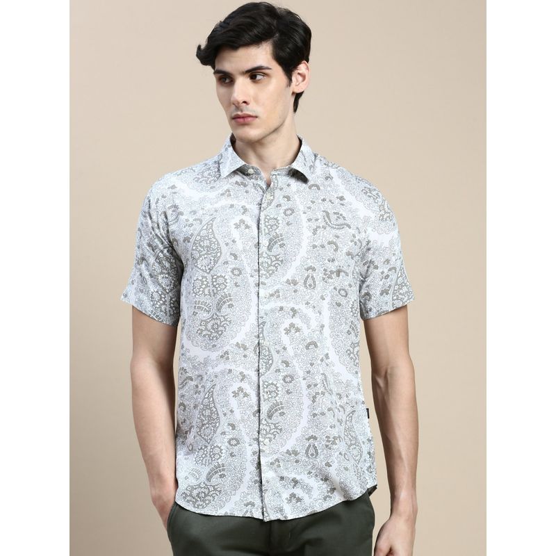 SHOWOFF Men Short Sleeves Floral Spread Collar Cream Slim Fit White Shirt (M)