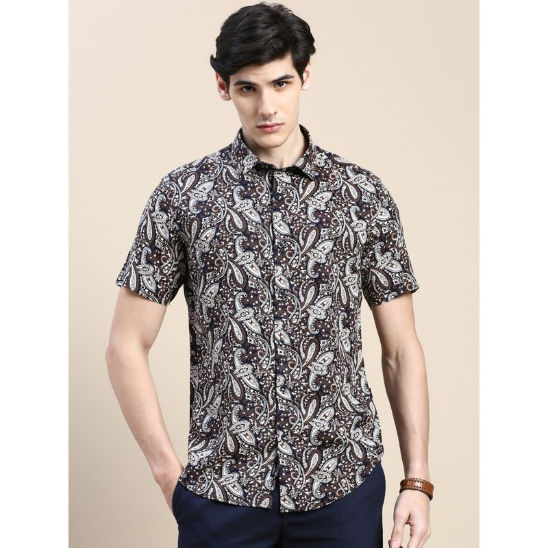 SHOWOFF Men Short Sleeves Ethnic Motifs Spread Collar Navy Blue Slim Fit Shirt (M)