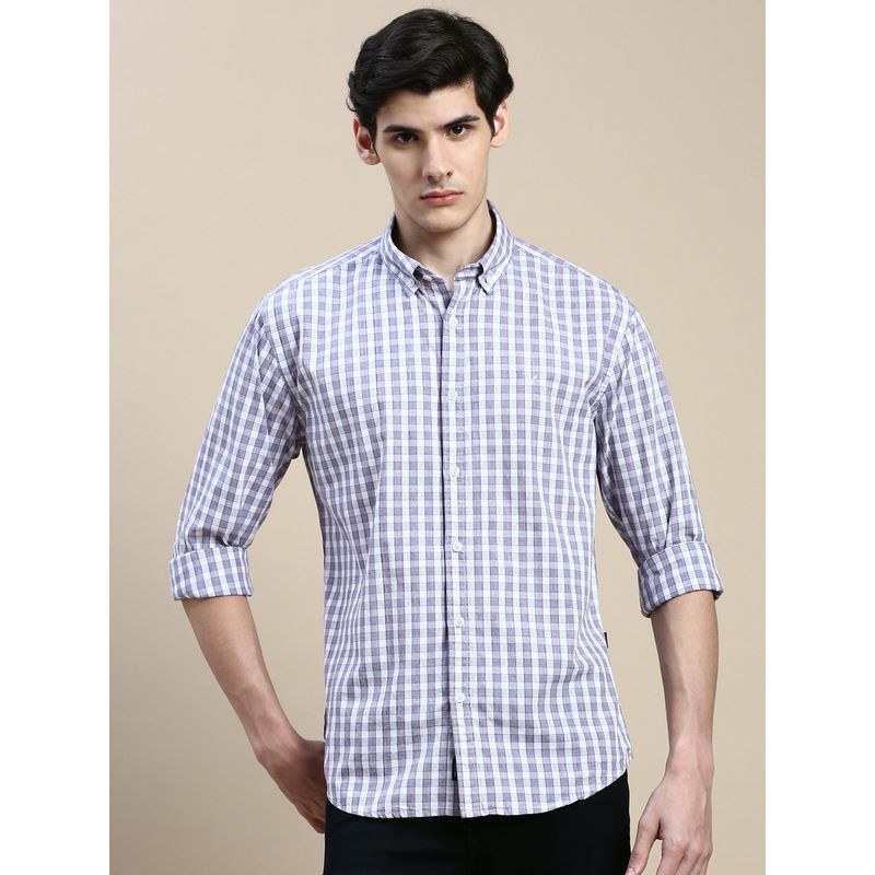 SHOWOFF Men Long Sleeves Spread Collar Purple Checked Slim Fit Shirt (M)