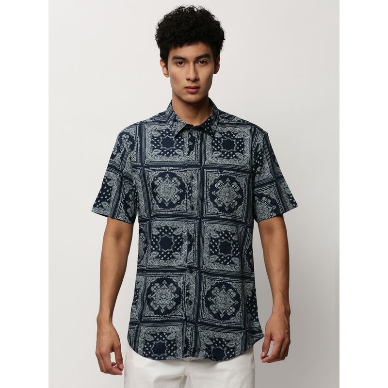 SHOWOFF Men Short Sleeves Spread Collar Navy Blue Ethnic Motifs Standard Shirt (M)