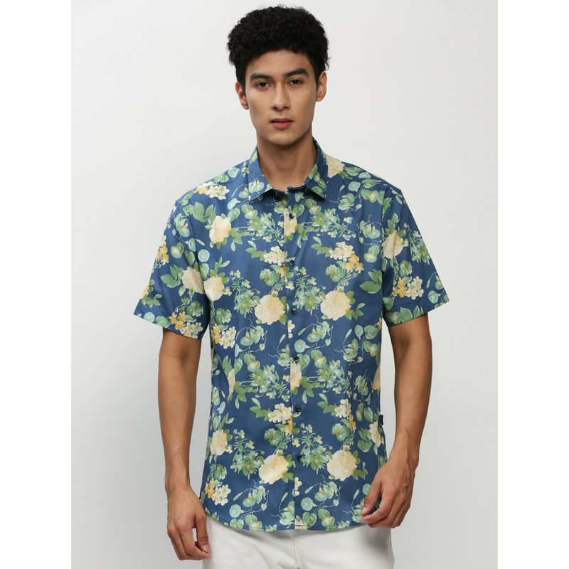 SHOWOFF Men Short Sleeves Spread Collar Blue Floral Standard Shirt (M)
