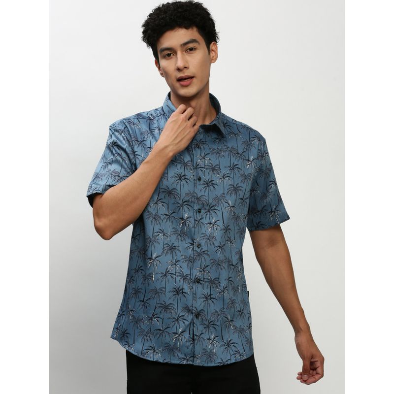 SHOWOFF Men Short Sleeves Spread Collar Blue Floral Standard Shirt (M)