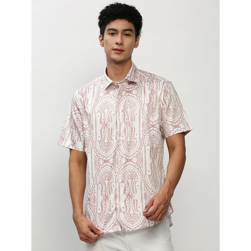 SHOWOFF Men Short Sleeves Spread Collar White Ethnic Motifs Standard Shirt (M)