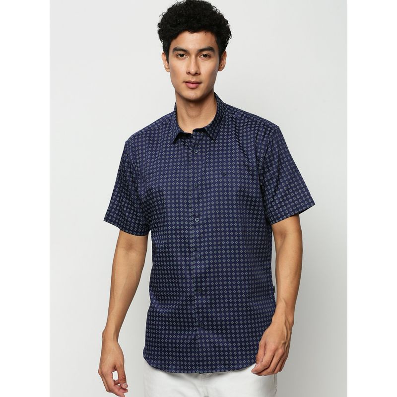 SHOWOFF Men Short Sleeves Spread Collar Navy Blue Geometric Standard Shirt (M)