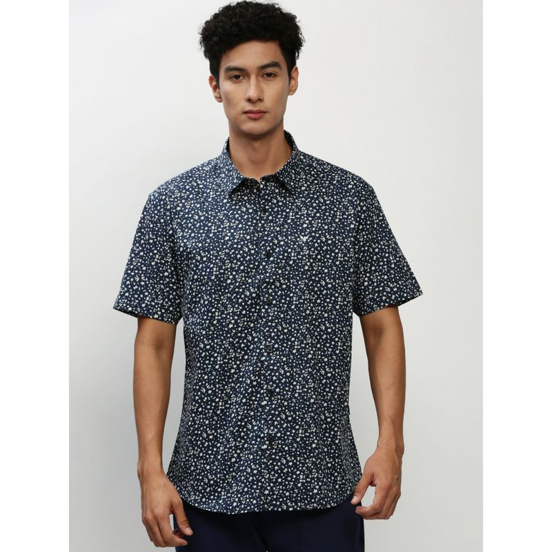 SHOWOFF Men Short Sleeves Spread Collar Navy Blue Micro Ditsy Standard Shirt (M)