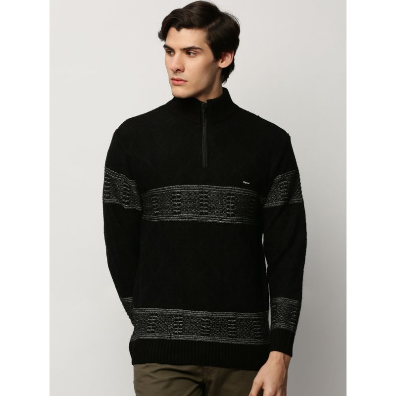 SHOWOFF Men Mock Collar Ethnic Motifs Black Long Sleeves Sweater (M)