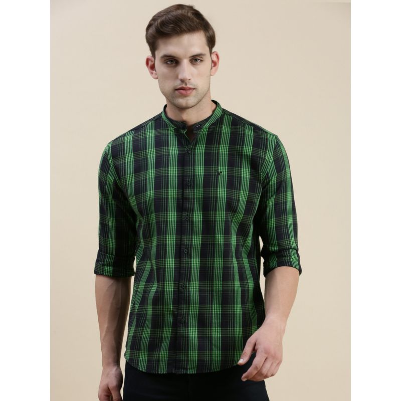 SHOWOFF Men Long Sleeves Mandarin Collar Green Checked Slim Fit Shirt (M)