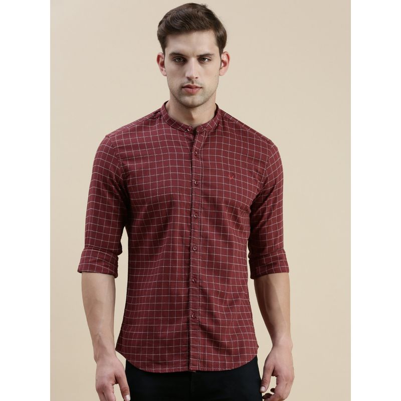 SHOWOFF Men Long Sleeves Mandarin Collar Maroon Checked Slim Fit Shirt (5XL)