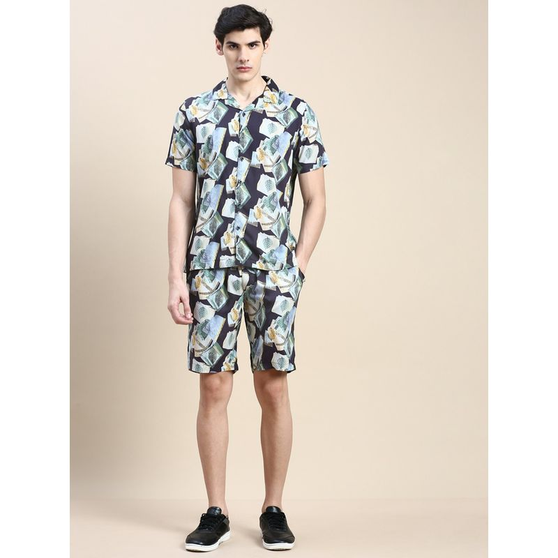 SHOWOFF Men Shirt Collar Printed Multi-Color Slim Fit Co-Ord (Set of 2) (M)