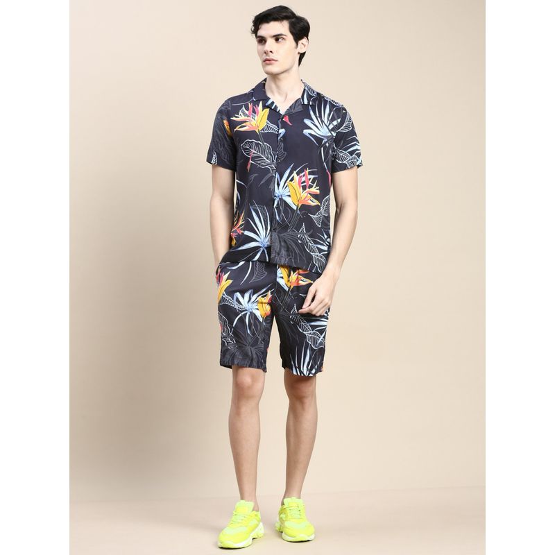 SHOWOFF Men Shirt Collar Floral Printed Black Slim Fit Co-Ord (Set of 2) (M)