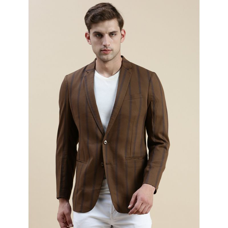 SHOWOFF Men Notched Lapel Striped Brown Single Breasted Blazer (M)