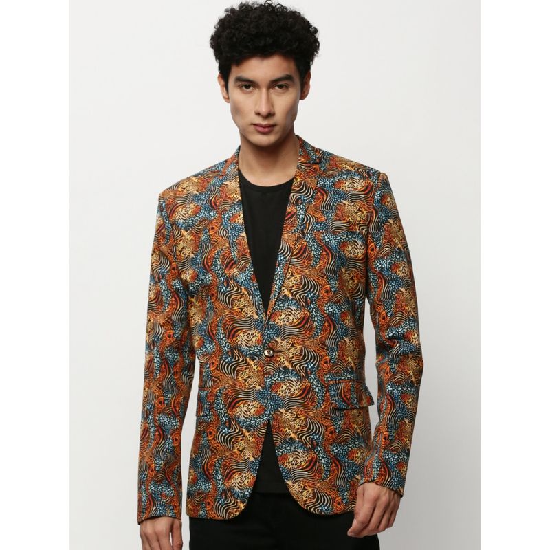 SHOWOFF Men Notched Lapel Printed Multi-Color Single Breasted Blazer (S)