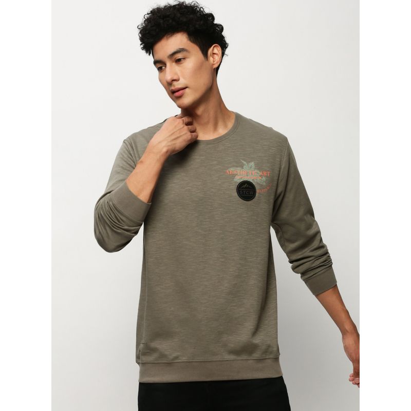 SHOWOFF Men Round Neck Graphic Olive Sweatshirt (M)