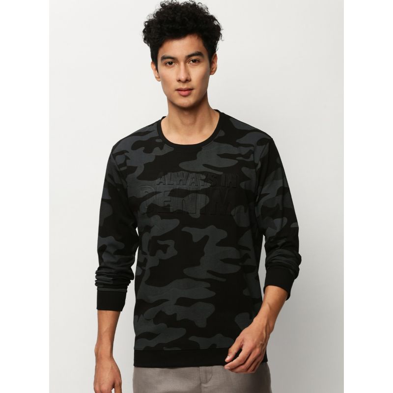 SHOWOFF Men Round Neck Camouflage Black Sweatshirt (M)