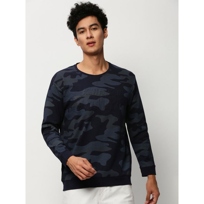 SHOWOFF Men Round Neck Camouflage Navy Blue Sweatshirt (M)