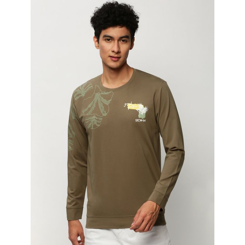 SHOWOFF Men Round Neck Graphic Olive Sweatshirt (M)