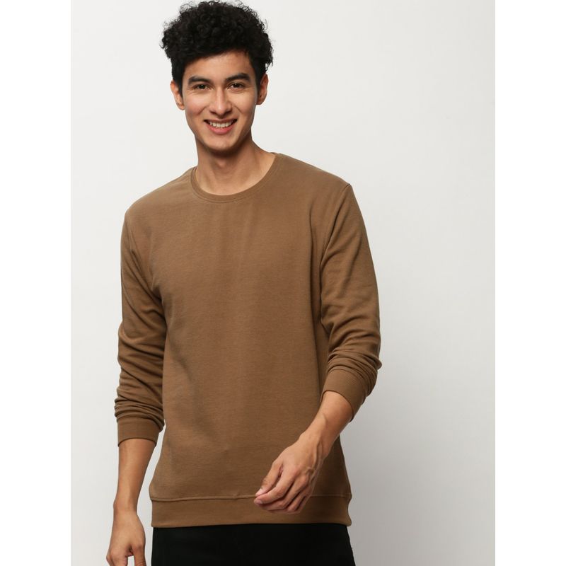 SHOWOFF Men Round Neck Solid Camel Brown Sweatshirt (M)