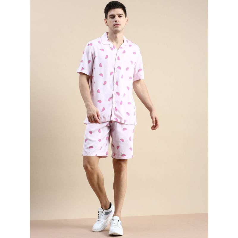 SHOWOFF Men Short Sleeves Shirt Collar Pink Printed Co-Ord (Set of 2) (M)