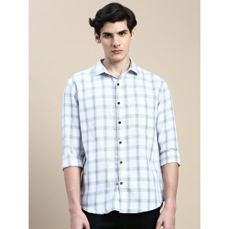 SHOWOFF Men Long Sleeves Spread Collar White Checked Slim Fit Shirt (L)