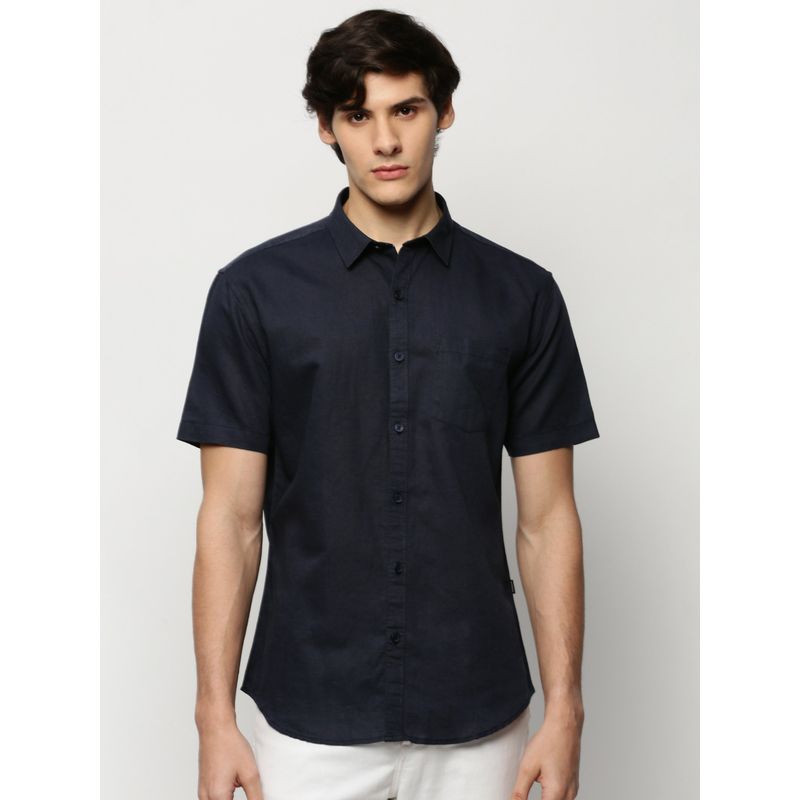 SHOWOFF Men Short Sleeves Spread Collar Navy Blue Solid Premium Shirt (M)