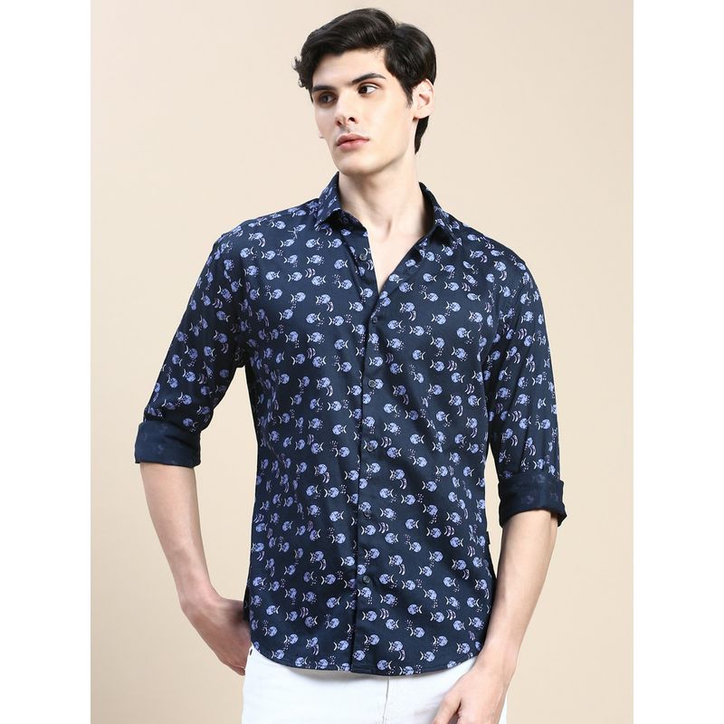 Men's Navy Blue Printed Spread Collar Casual Cotton Shirt