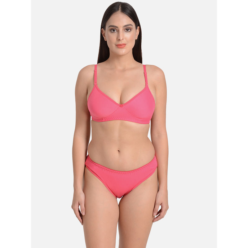 Mod & Shy Solid Full Coverage Bra Panty Set - Pink (32B)