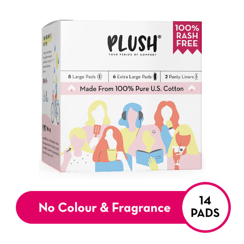 Plush L + Xl Sanitary Pads - 100% Pure Us Cotton Pads- 14 Pcs + 2 Free Panty Liners
