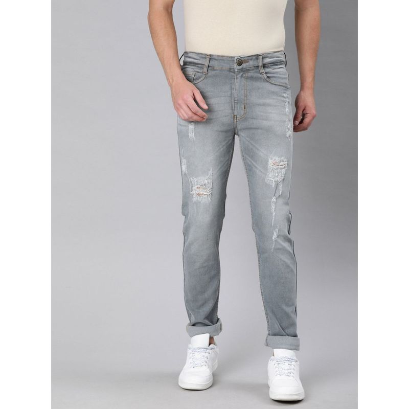 Urbano Fashion Men Light Grey Slim Fit Heavy Distressed Torn Jeans (30)