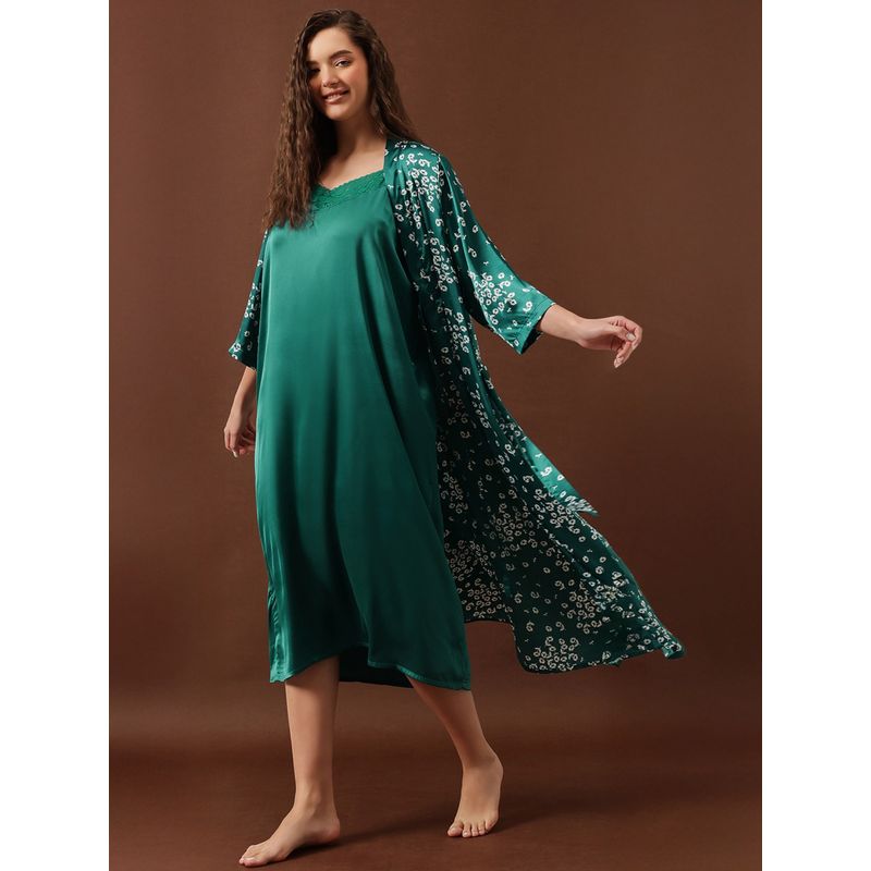 Clovia Satin Printed Long Nighty and Robe Set (L)