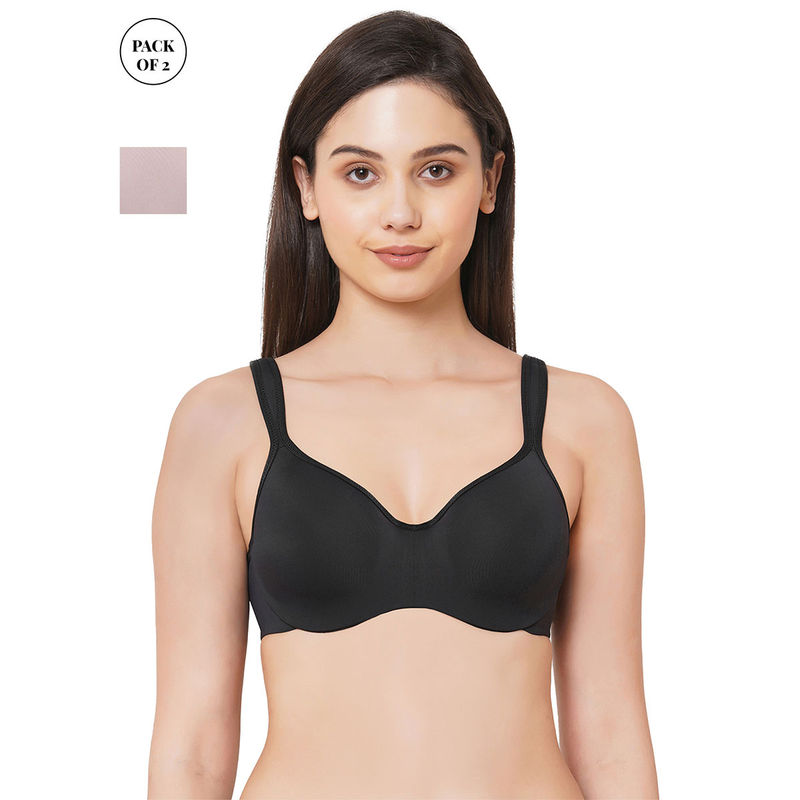 SOIE Full Coverage Padded Wired Sweetheart Neckline Seamless Cups Bra-Pack of 2-Bark-Black (36DD)