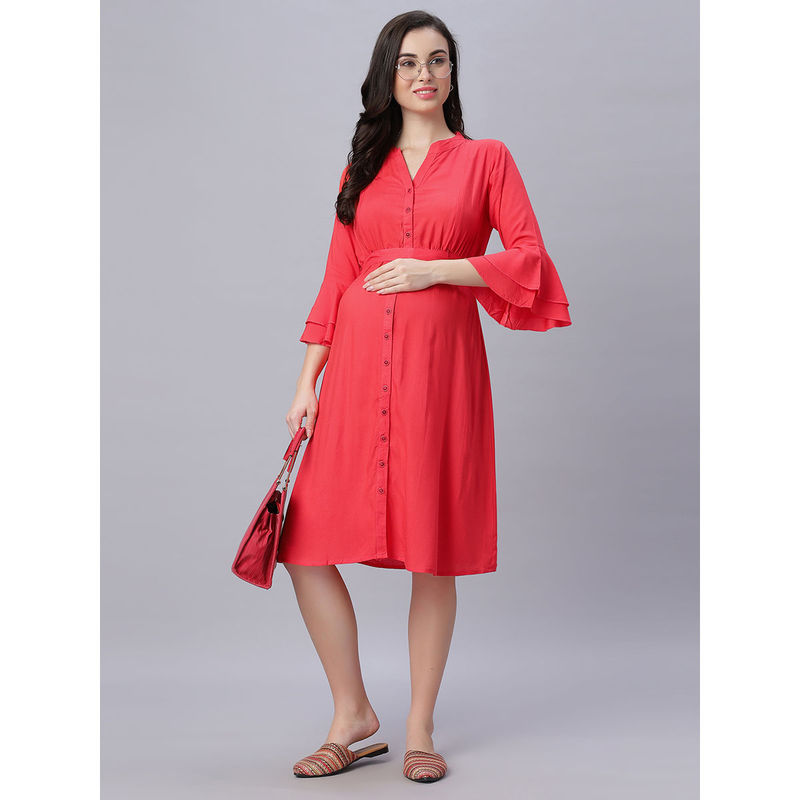 Mamma's Maternity Peach Solid Rayon Maternity/Feeding Dress with Belt (Set of 2) (2XL)