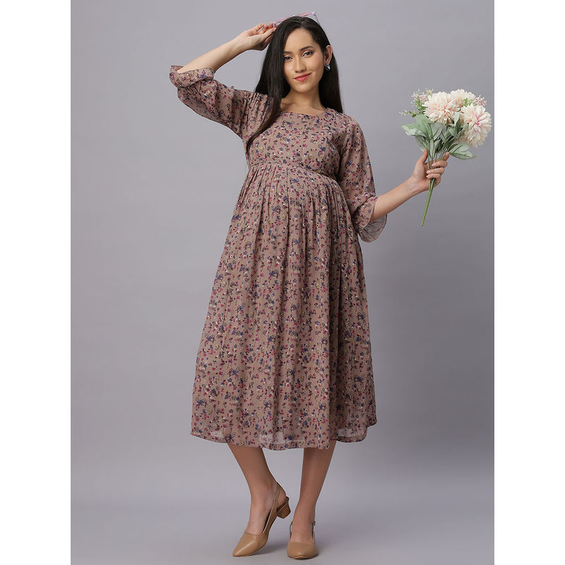 Mamma's Maternity Mauve Floral Chiffon Maternity/Feeding Dress with Belt (Set of 2) (XL)