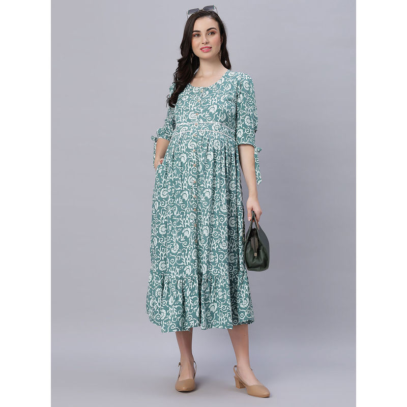 Mamma's Maternity Green Abstract Rayon Maternity/Feeding Dress (M)