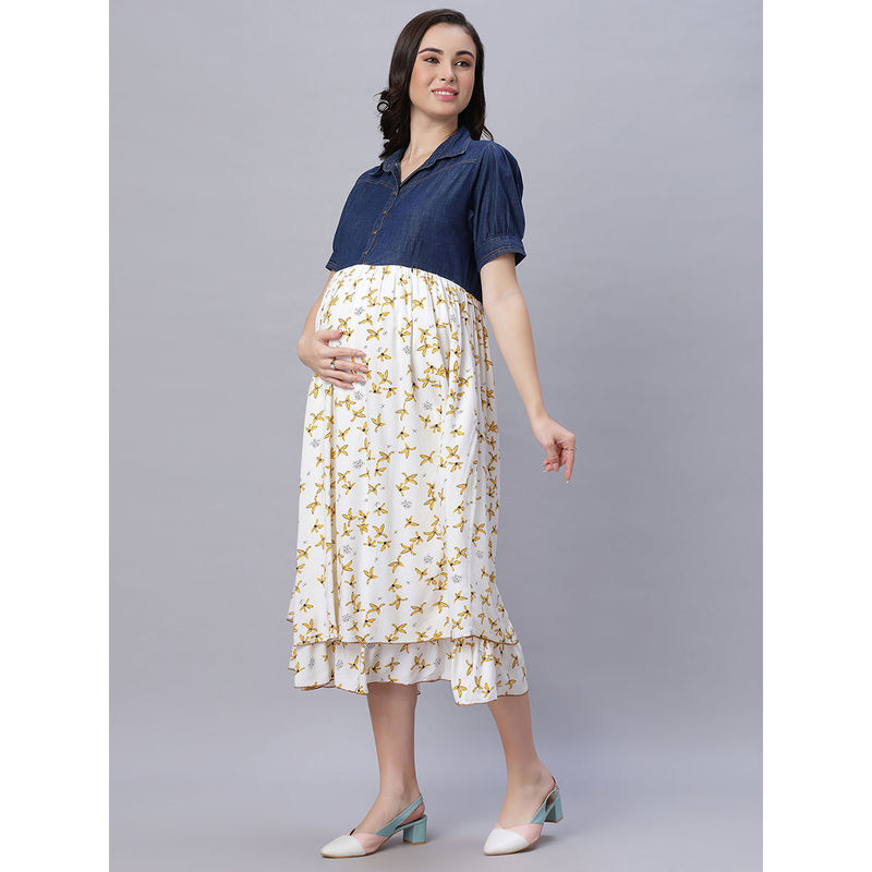 Ofably Up & Down Contrast Maternity Chain Feeding Cotton Dress - Pink(OFMK135)