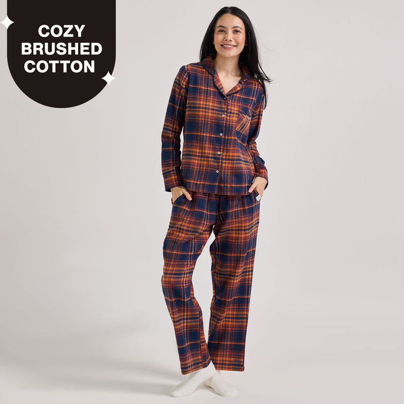 NYKD by Nykaa cozy brushed cotton pajama set of 2-relaxed fit night suit NYS902-Navy Brown Checks (M)