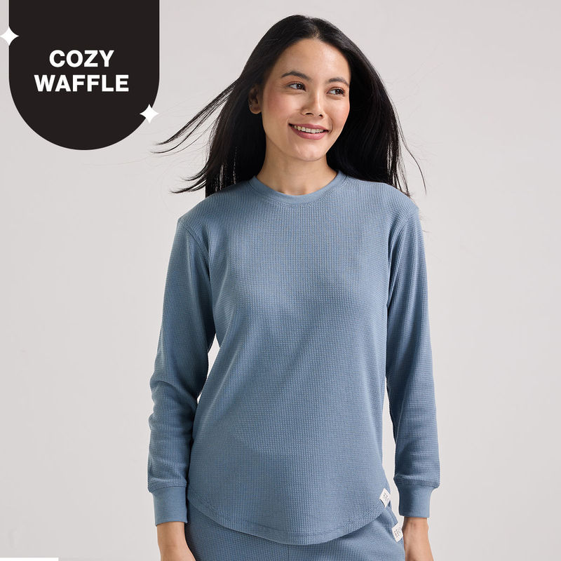 Nykd By Nykaa Waffle Full Sleeves Lounge Tee With Flattering Hem NYS803-Blue (S)