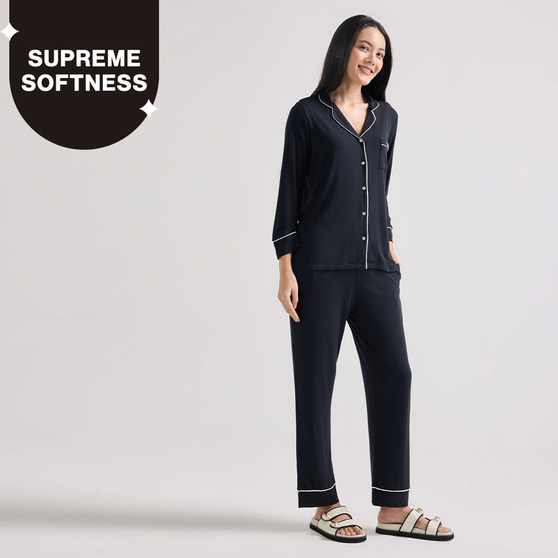 Nykd By Nykaa Sumptuously Soft Modal Button-Down Pajama Set of 2-Black NYS001 (2XL)