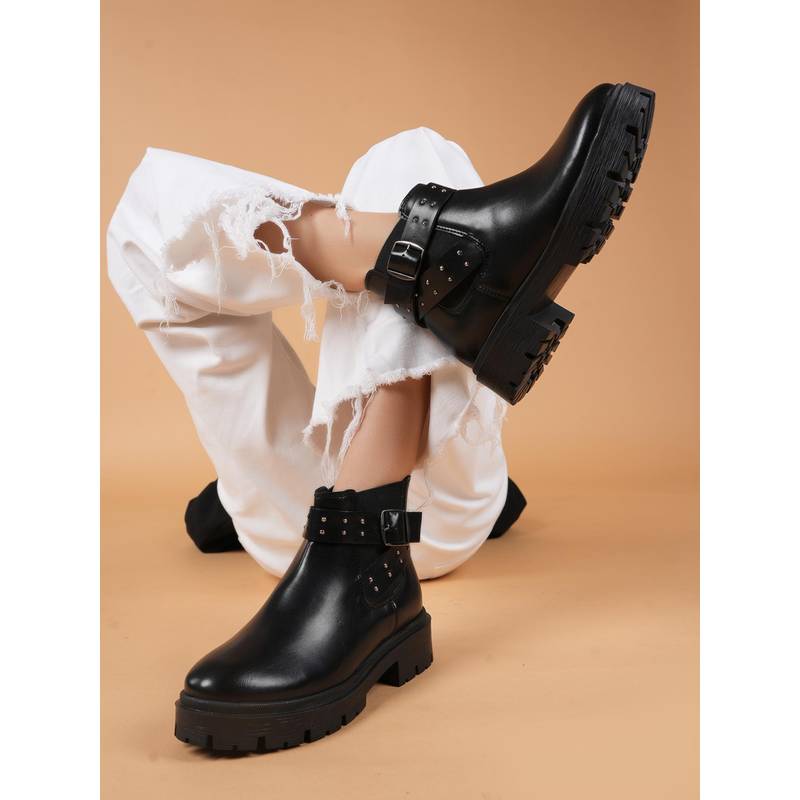 Drop Bold Black Studded Chunky Chelsea Boots for Women (EURO 36)