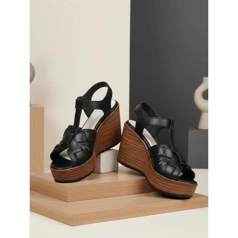 EZOK Women Black Casual Genuine Leather Sandal Heels (EURO 39)