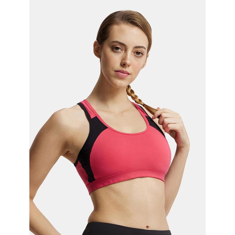 Jockey 1380 Wirefree Padded Cotton Elastane Active Bra - Ruby & Black (XL)