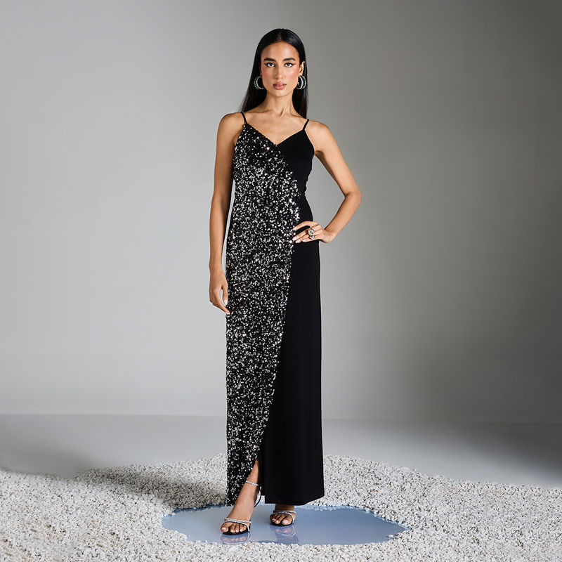 RSVP by Nykaa Fashion Silver and Black Half Sequin V Neck Strappy Gown (XS)