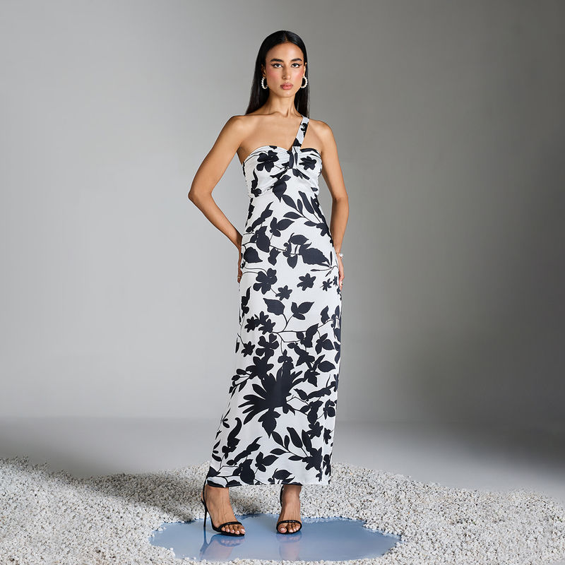RSVP by Nykaa Fashion White And Black Floral One Shoulder Strap Maxi