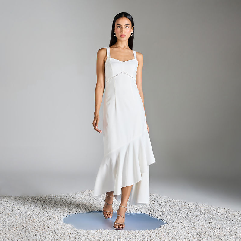 RSVP by Nykaa Fashion White Sleeveless Fit and Flare Asymmetric Ruffle Maxi Dress (XS)